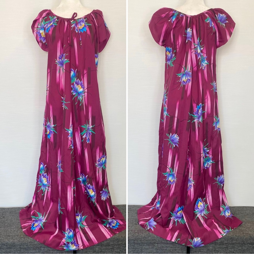 Vintage Hawaiian Tropical Hilo Hattie Purple Maxi Dress Muumuu Kaftan Sundress